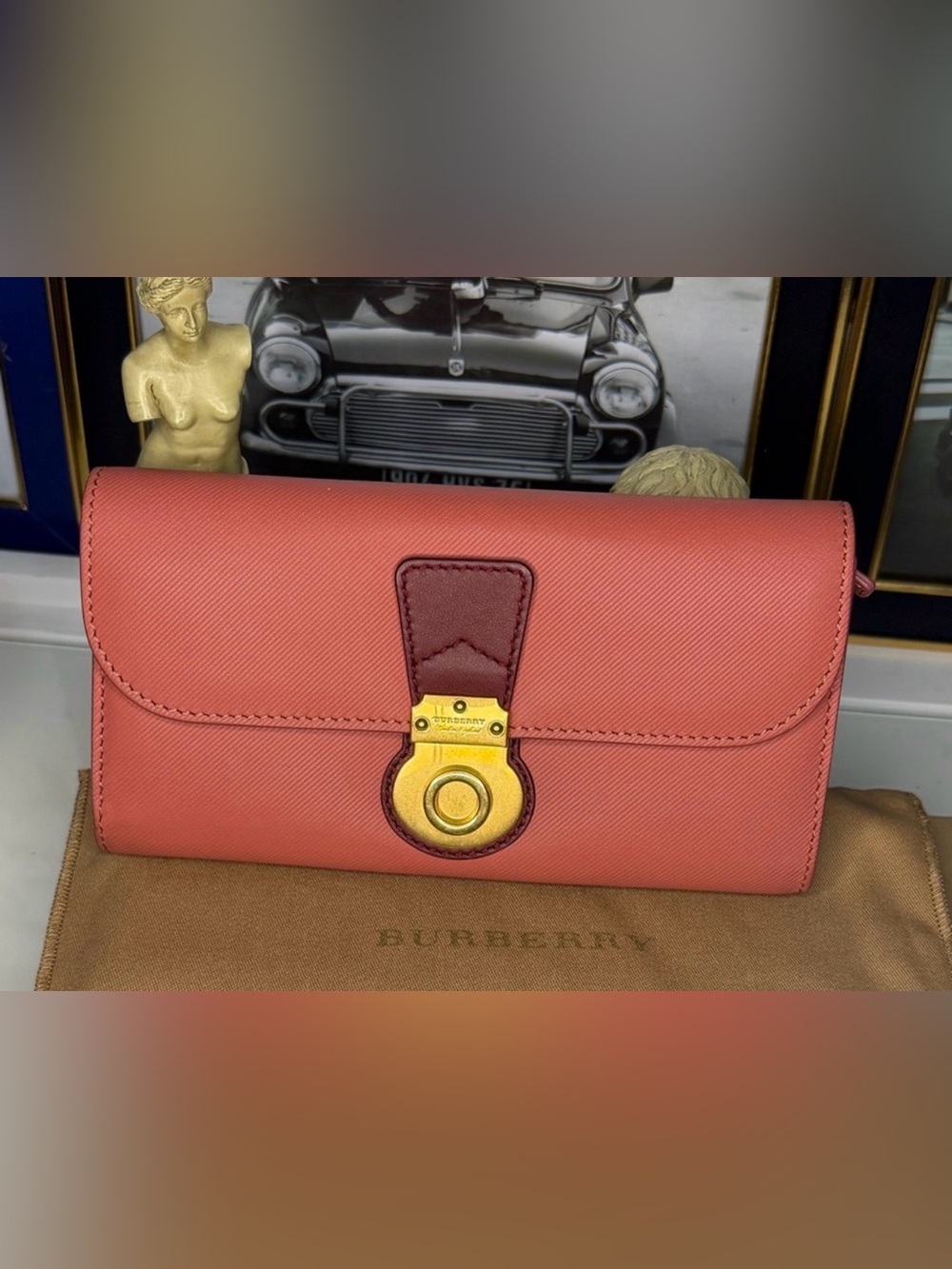 Burberry Halton Continental Wallet Coral and Burgundy Leather with Gold Hardware